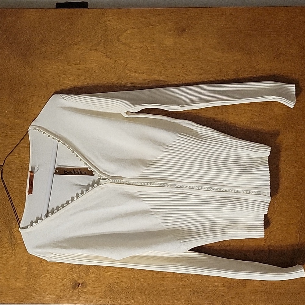 Ivory Ribbed Cardigan with Crystal Trim